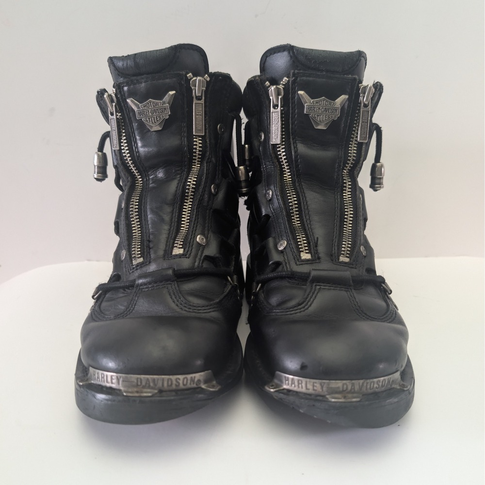 Harley-Davidson Black Leather Dual Zip Biker Boots Womens 8.5 Punk Lug Sole